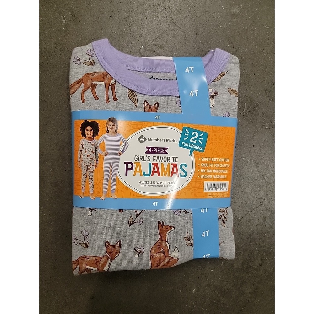 Member's Mark 4 Piece Infant/Youth Girls Tight Fit Long‎ Sleeve & Pant Pajama 4T